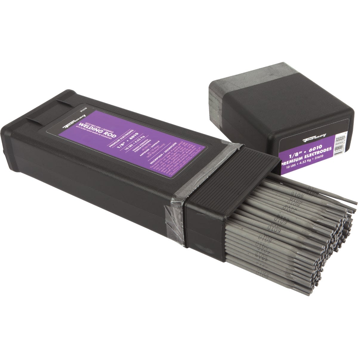 Black plastic case with steel pipe rod electrodes partially exposed for welding and home improvement use