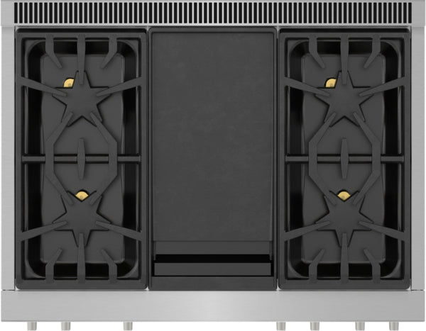 Top view of stainless steel gas range with exclusive Star® burners and central griddle in kitchen appliances collection