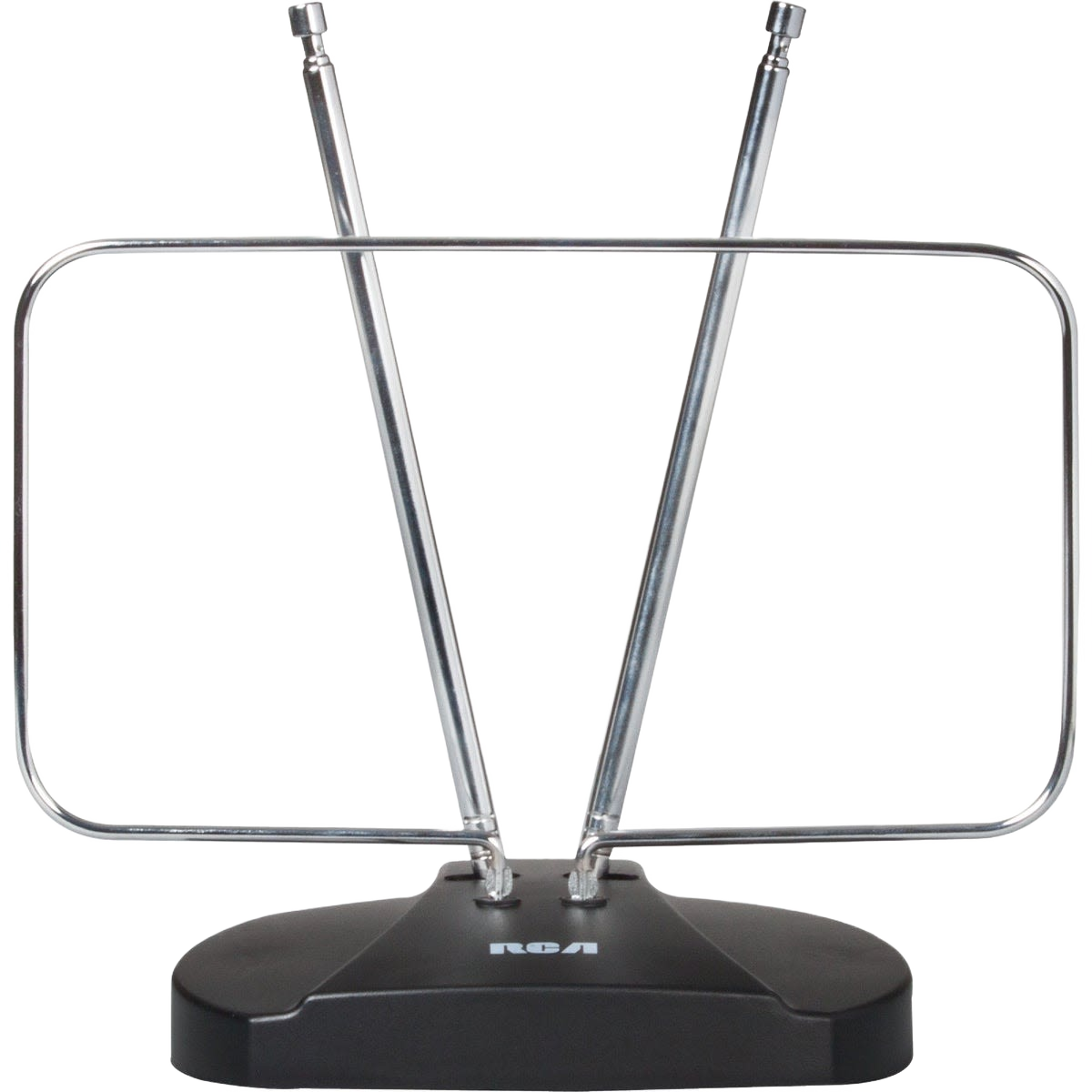 Black and silver adjustable indoor antenna with telescoping metal rods and rectangular frame for enhanced reception