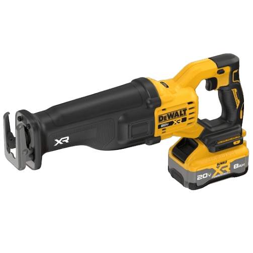 Yellow and black cordless brushless reciprocating saw with 20V XR POWERPACK battery for power tool and home improvement use