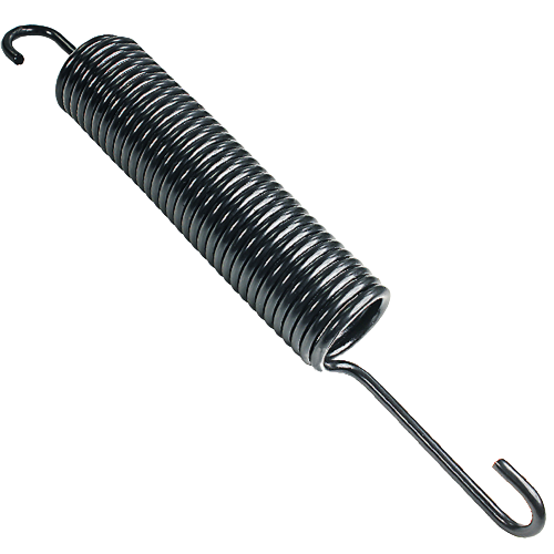 Black metal tension spring with extended hooks, part of John Deere hardware and mower deck replacement parts collection