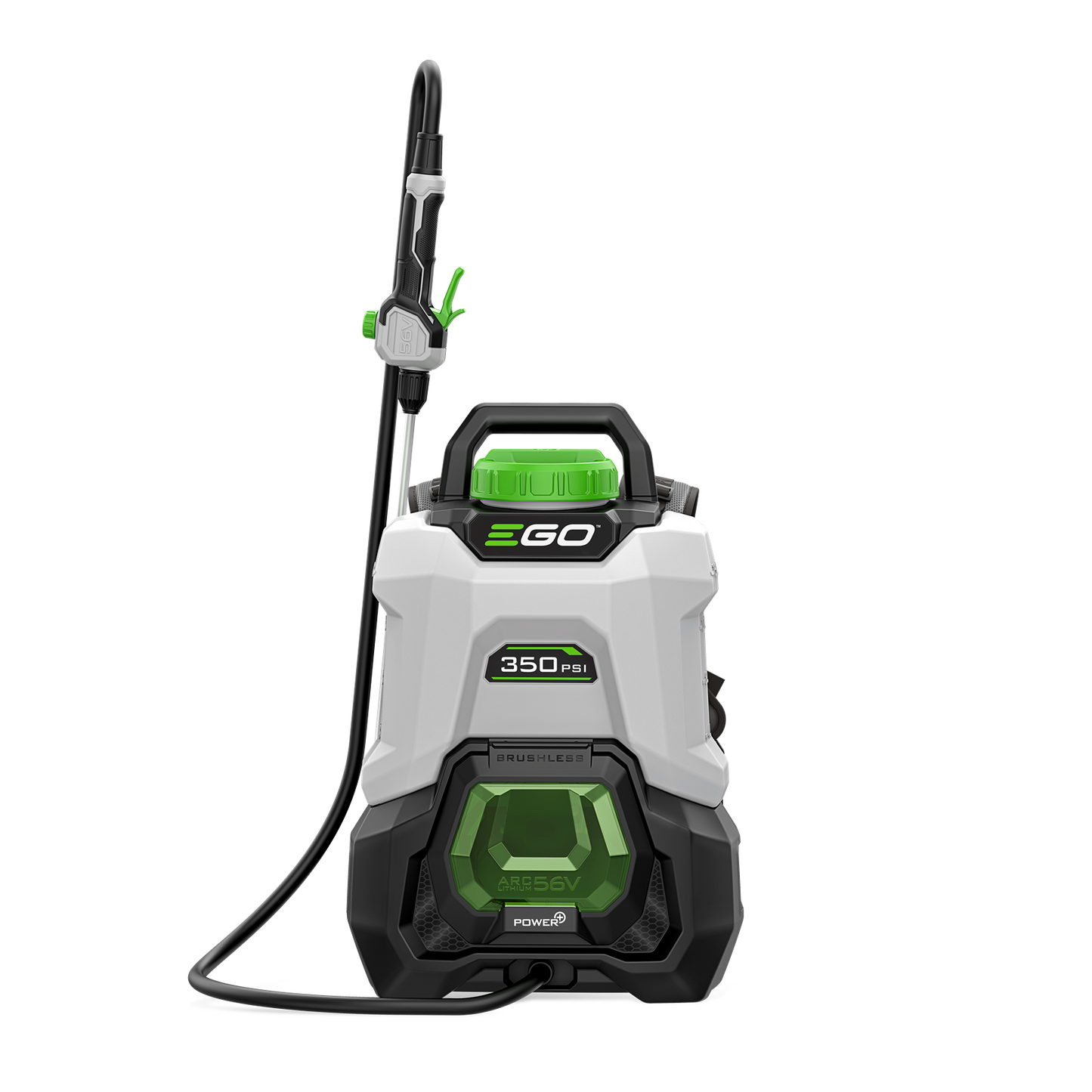 Compact white and green 4-gallon backpack sprayer with brushless motor and adjustable wand for home improvement tasks