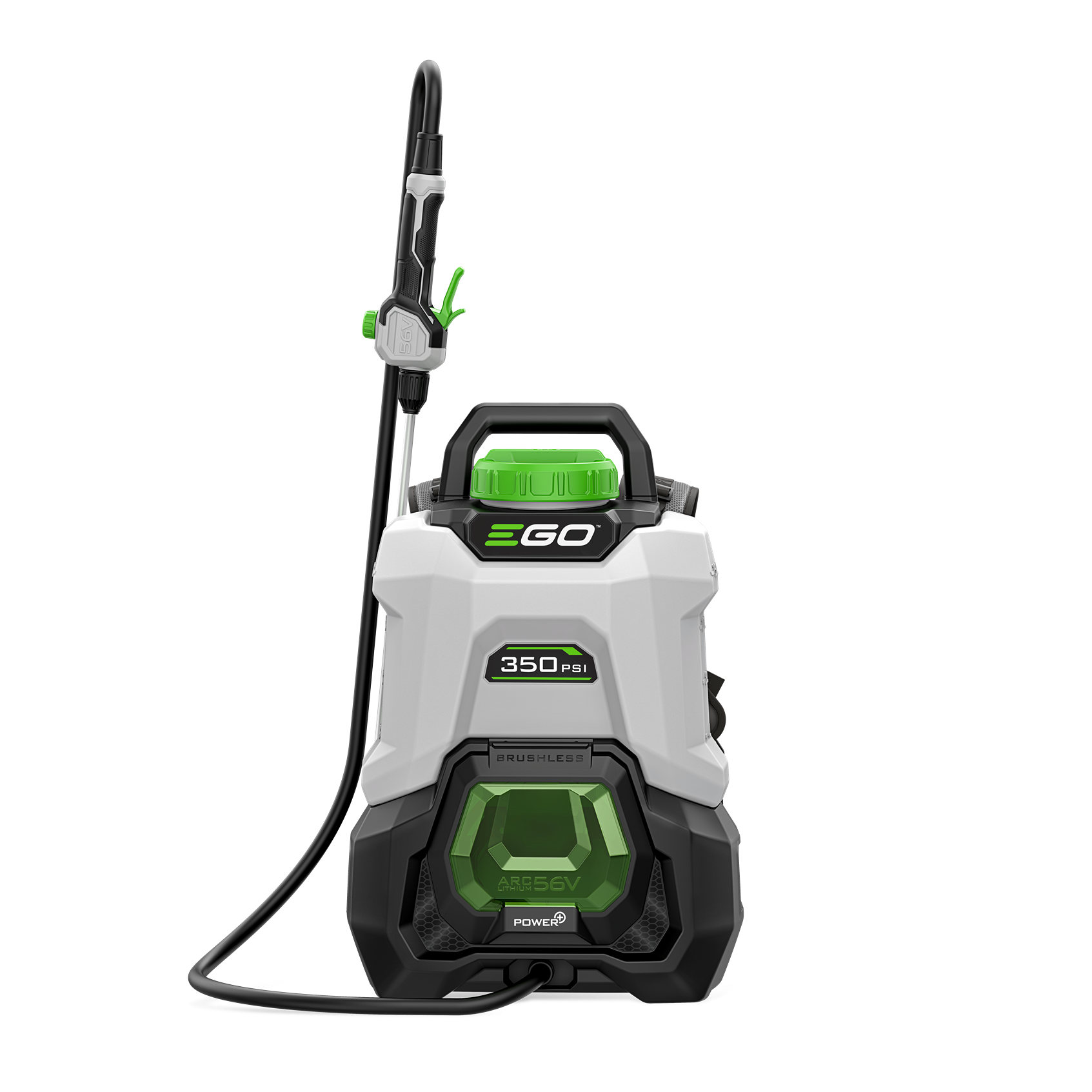 Compact white and green 4-gallon backpack sprayer with brushless motor and adjustable wand for home improvement tasks