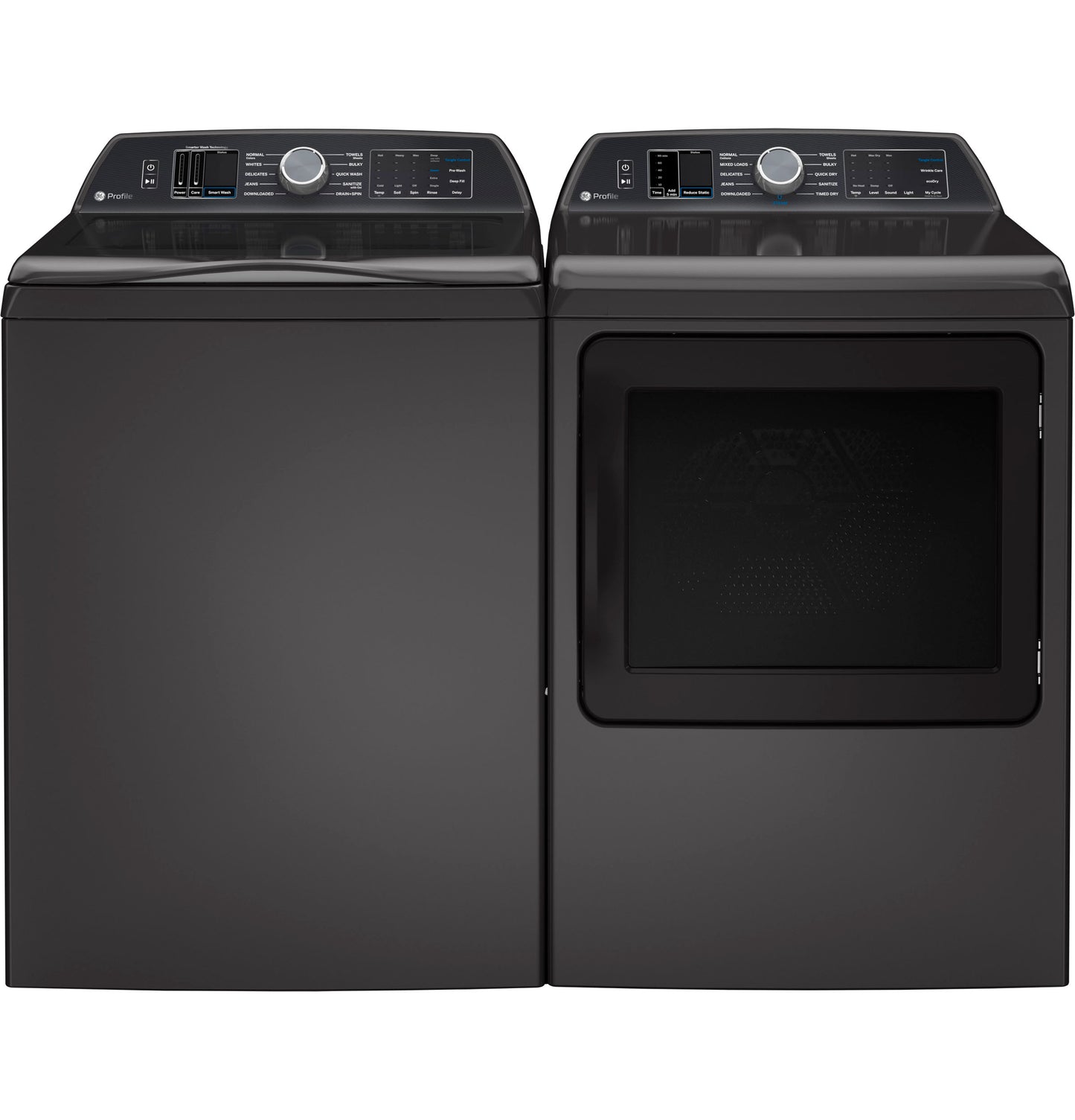 Pair of dark electric washer and dryer appliances with digital controls and modern design from washers and dryers collection