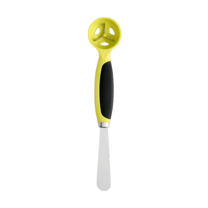 Yellow and black all-in-one avocado tool with stainless steel blade and ergonomic handle for kitchen use and home improvement tasks