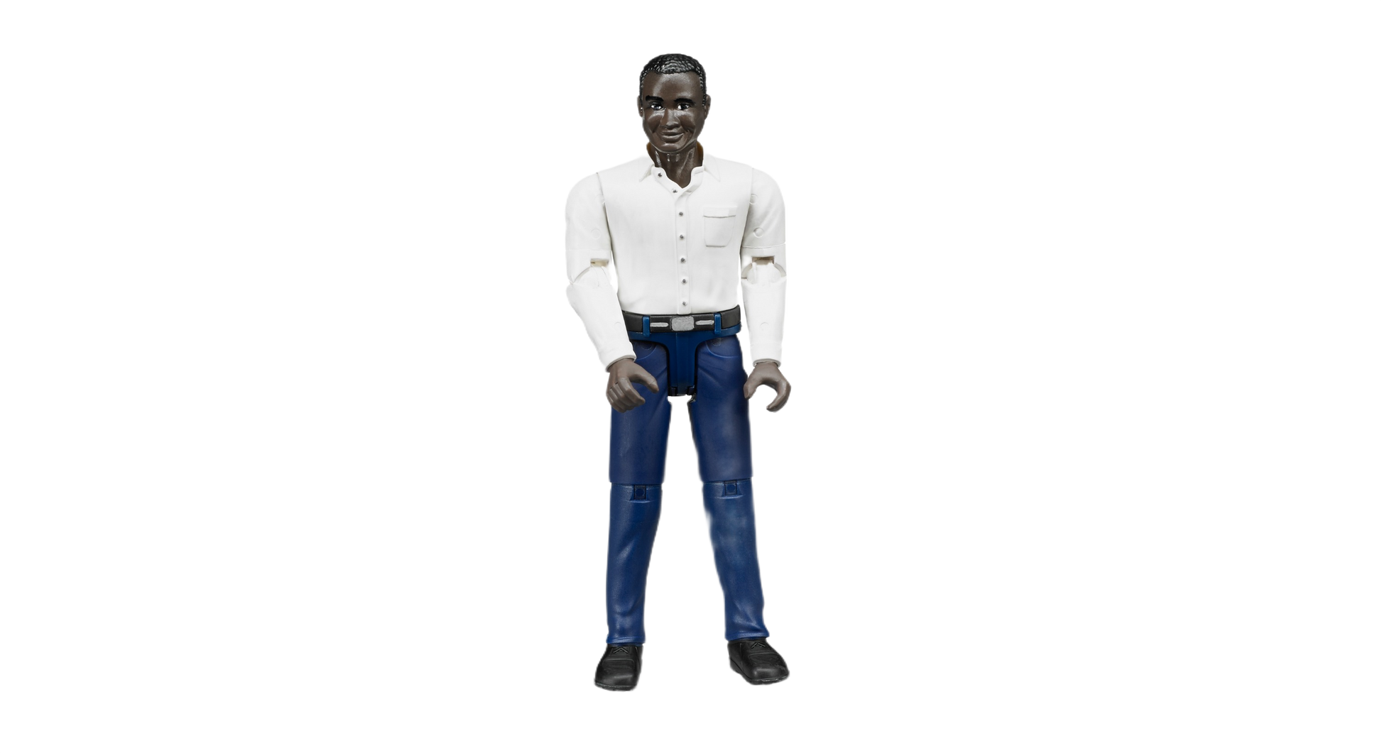 Posable dark-skinned male toy figure wearing slim-fit dark blue jeans and a white button-up shirt for creative play