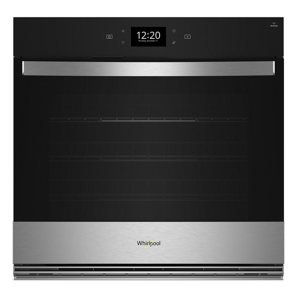 Black and stainless steel smart single wall oven with digital display and sleek handle in kitchen appliances collection