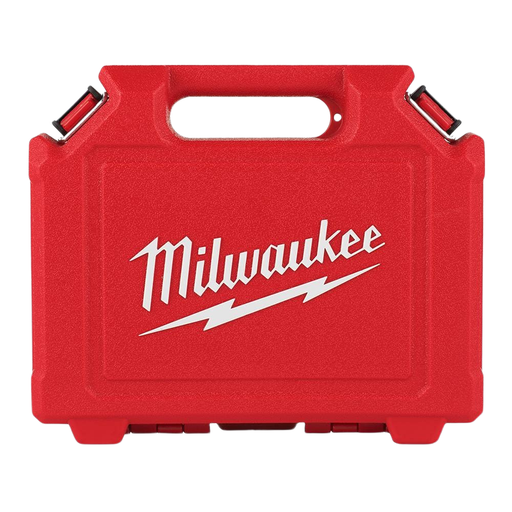 Red durable storage case with Milwaukee logo designed for organizing impact sockets and hand tools collections.