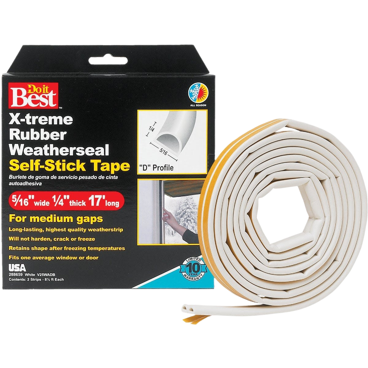 Roll of white self-adhesive rubber weatherstrip tape with packaging in hardware and home improvement collections under $50
