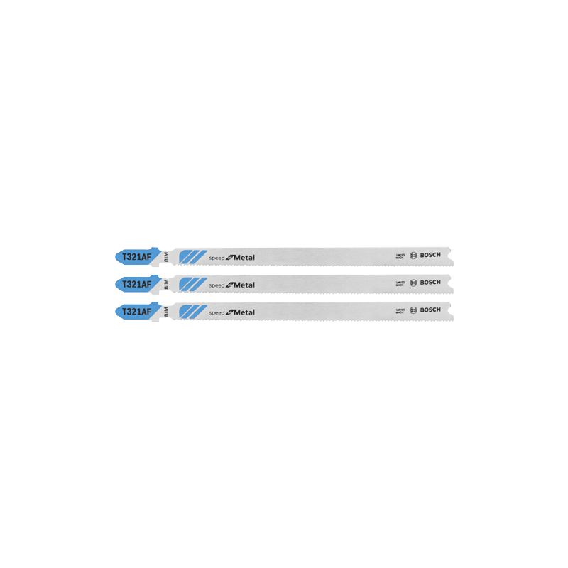 Set of three Bosch metal T-shank jigsaw blades with 21 TPI for precise cutting in home improvement and power tool accessories