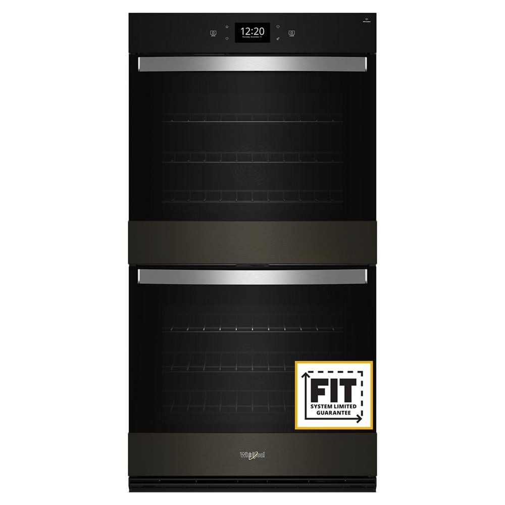 Black double wall oven with digital touchscreen and stainless steel handles, part of kitchen appliances collection