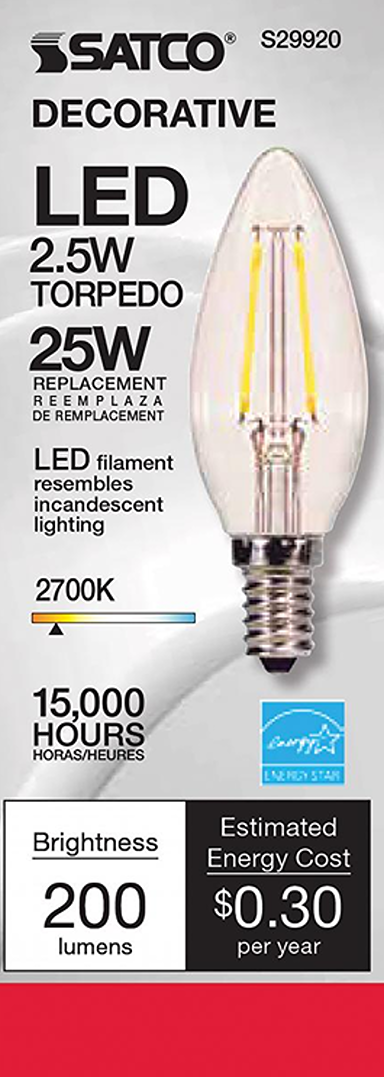 Decorative clear LED torpedo bulb with 2.5 watt power and warm 2700K light for energy-efficient lighting projects