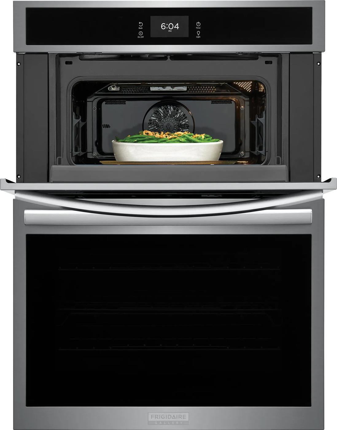 Electric wall oven and microwave combo with digital display and ceramic dish inside, kitchen appliances collection
