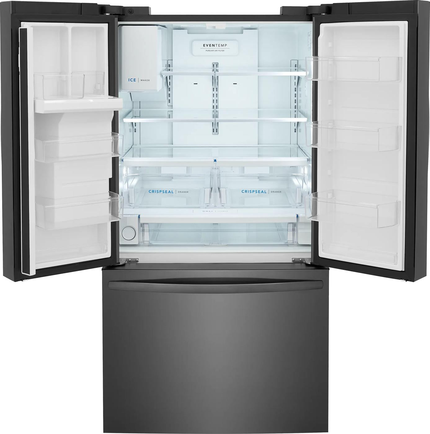 black standard-depth French door refrigerator with spacious interior and clear crisper drawers in appliances collection