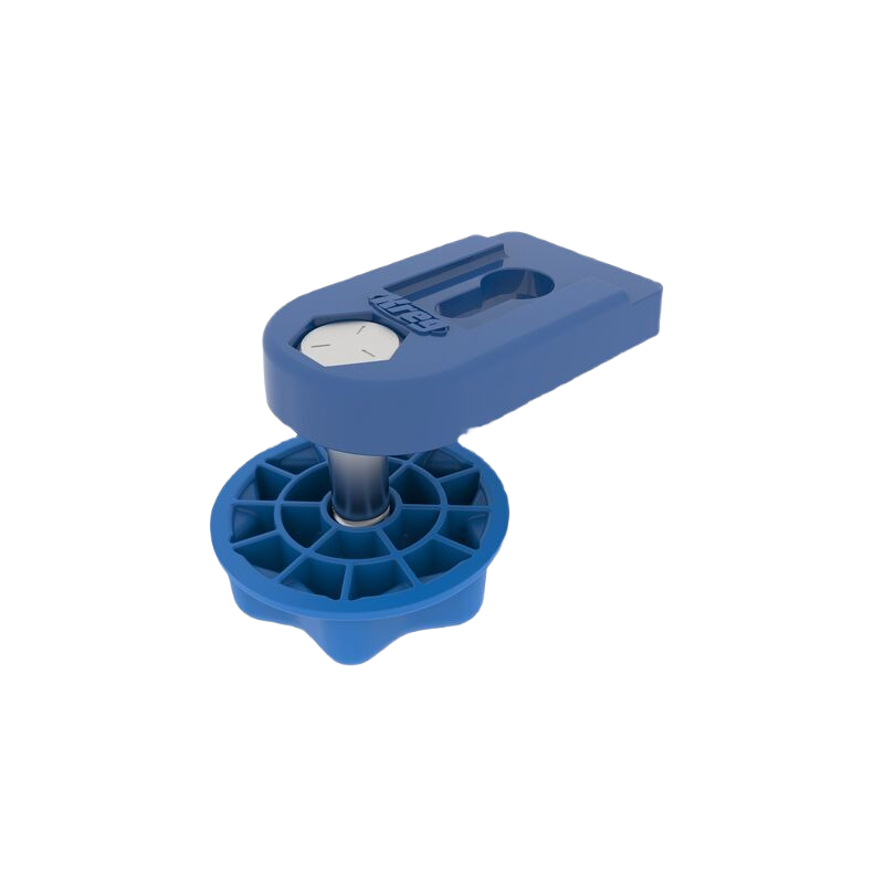 Blue plastic clamp base with metal pin and ergonomic grip for woodworking and home improvement tasks