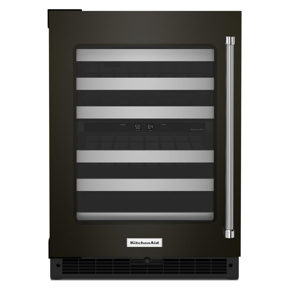 Undercounter wine cellar with glass door, metal racks, digital temperature controls from KitchenAid appliances collection