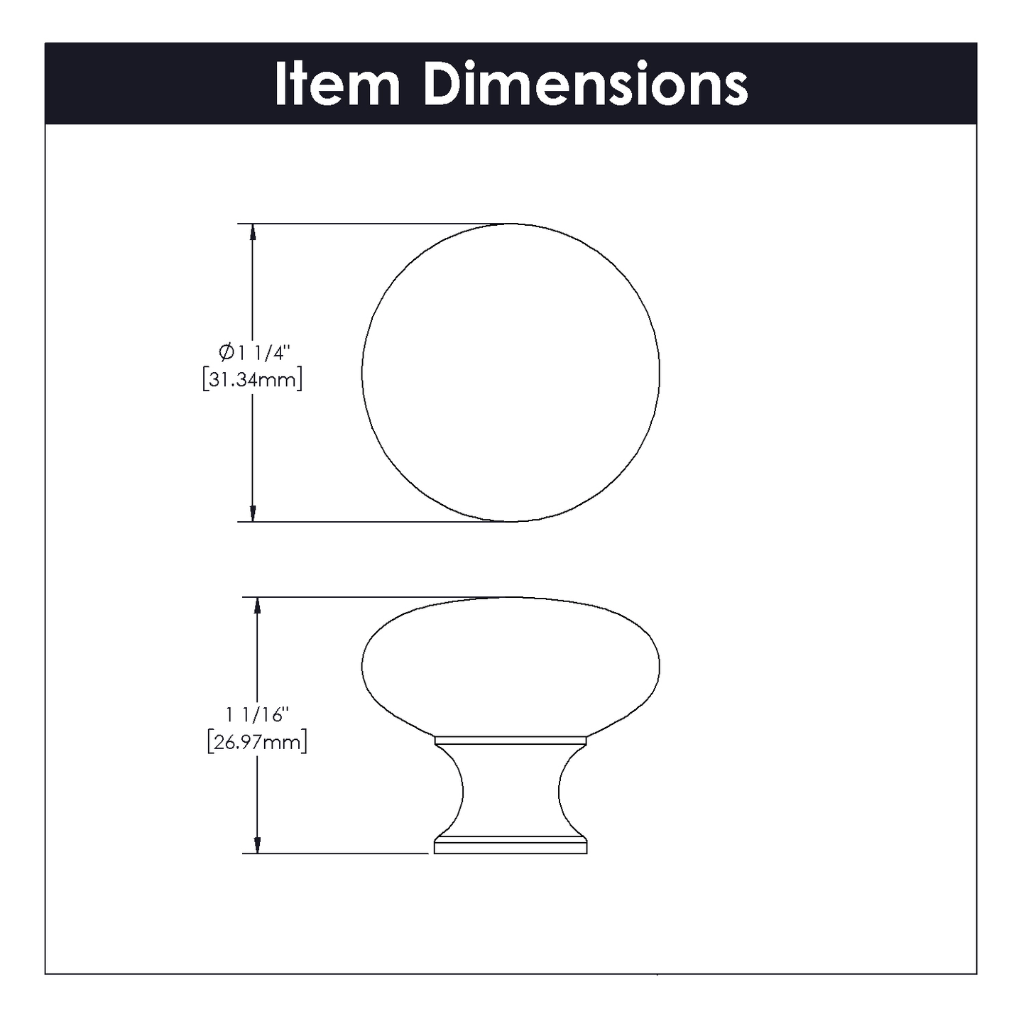 Line drawing of a vintage bronze cabinet knob with dimensions in inches and millimeters in hardware collection under $50