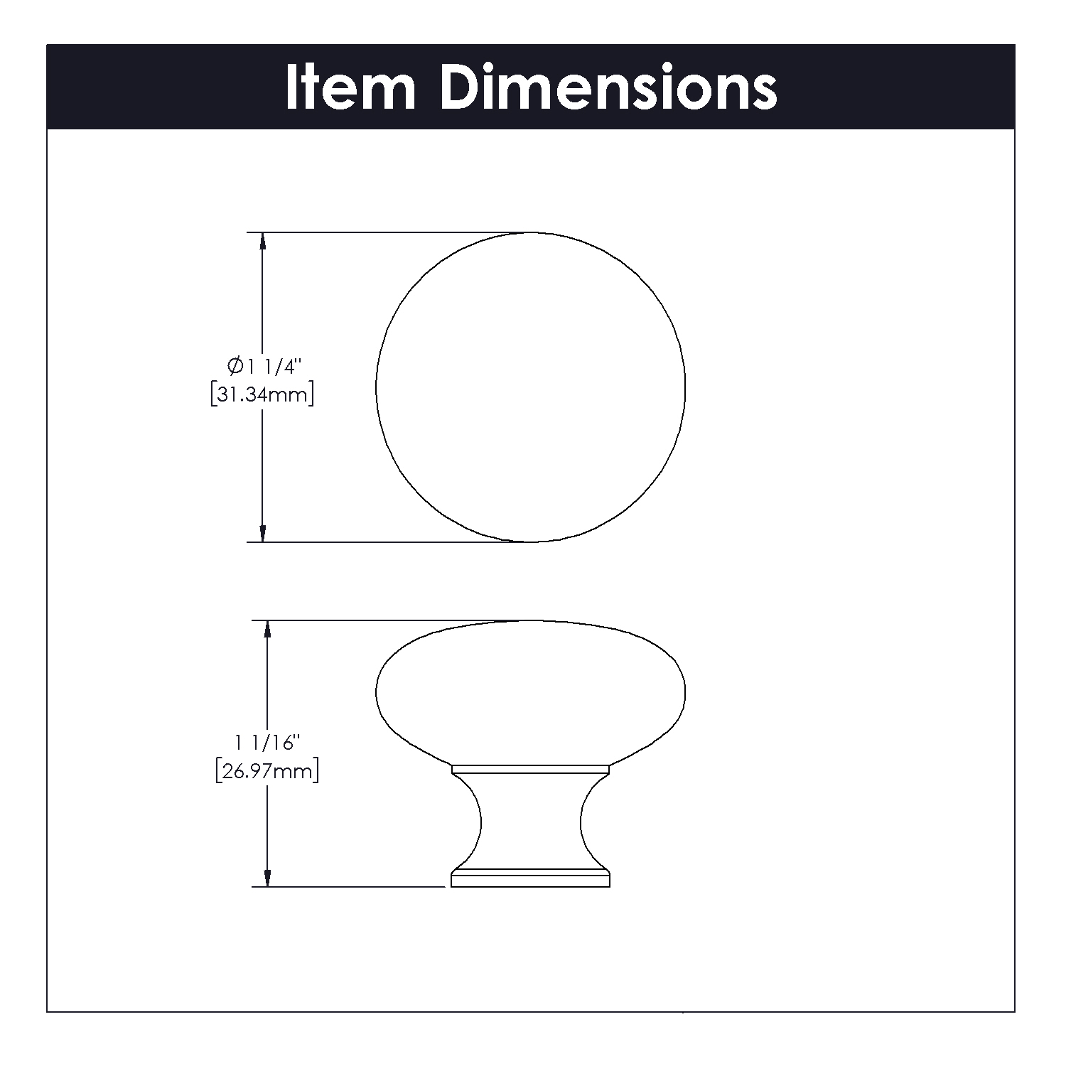 Line drawing of a vintage bronze cabinet knob with dimensions in inches and millimeters in hardware collection under $50