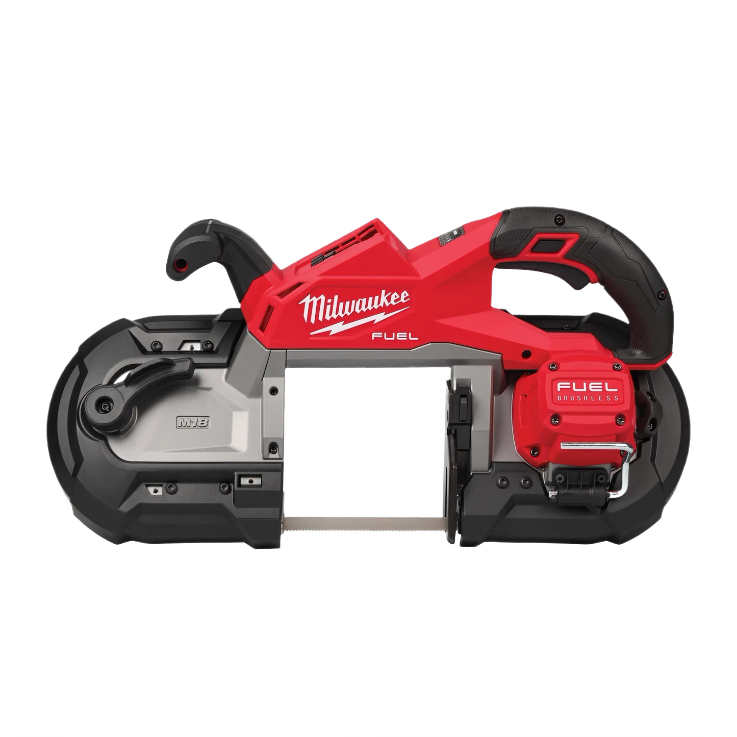 Cordless deep cut band saw with red and black design, part of Milwaukee Power Tools collection for home improvement.