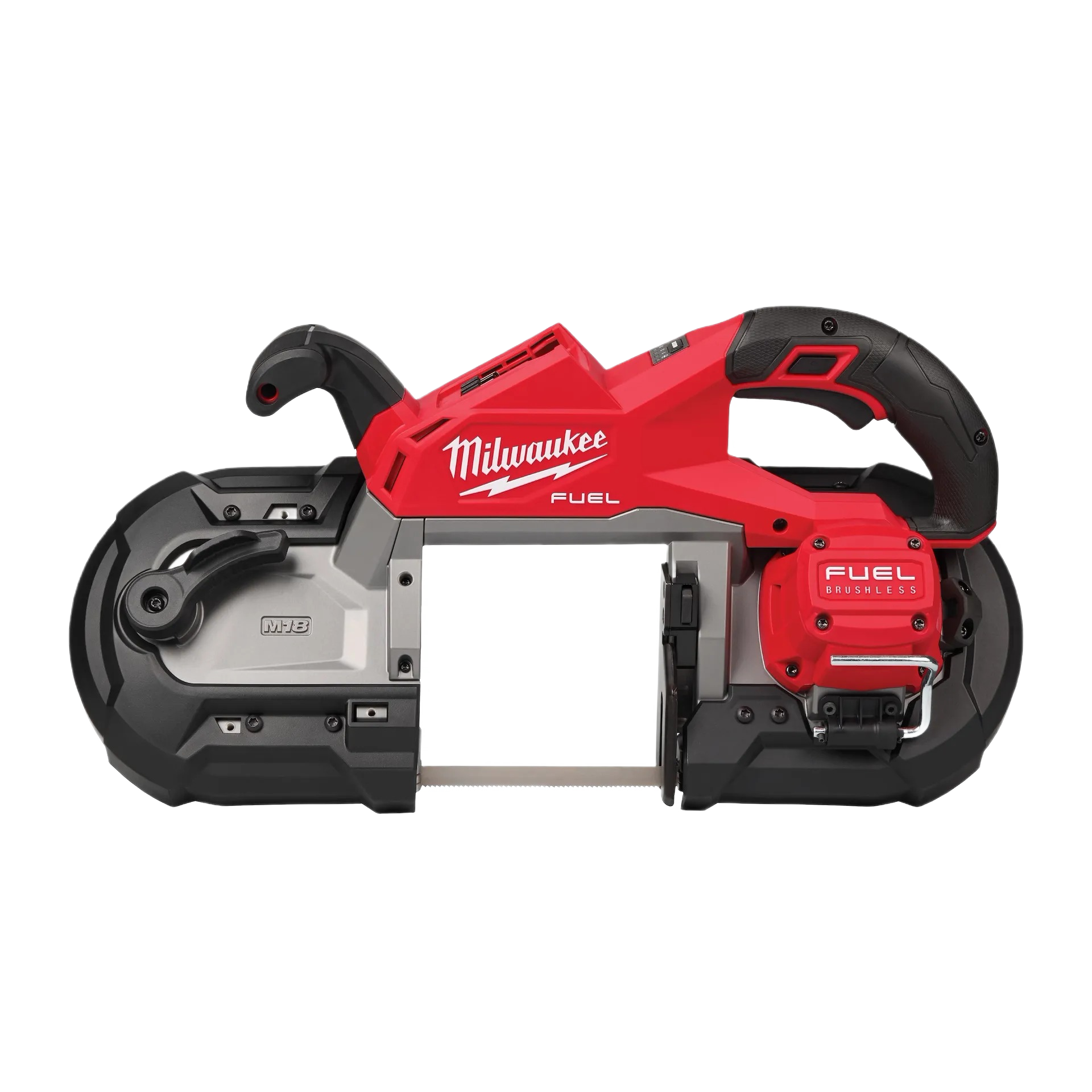 Cordless deep cut band saw with red and black design, part of Milwaukee Power Tools collection for home improvement.