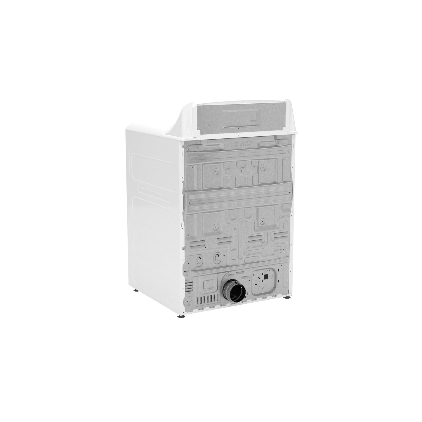 Rear view of white electric dryer highlighting vent opening and metal structural panel for appliance installation in home improvement