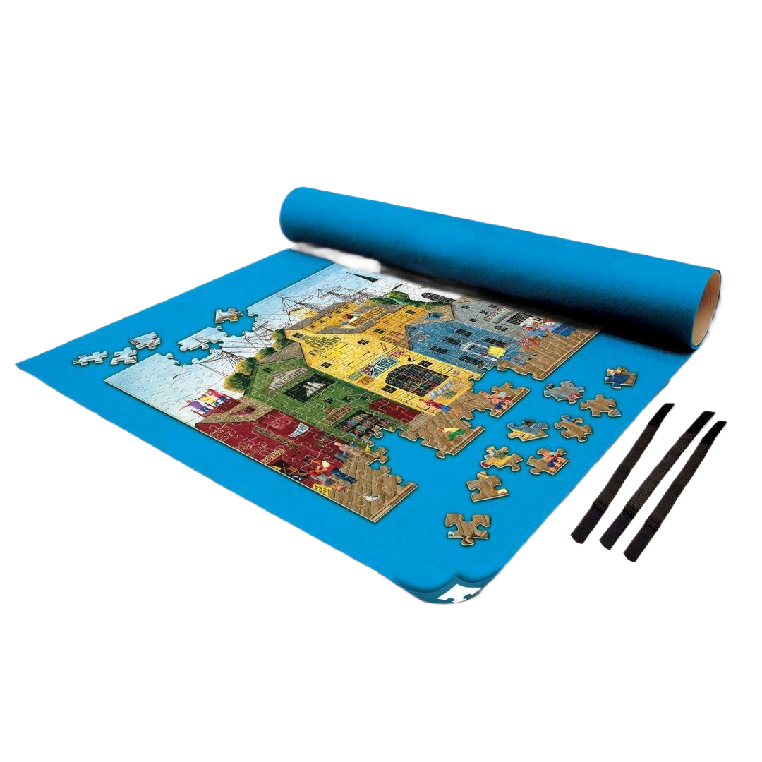 Blue puzzle roll-up mat partially unrolled with town scene puzzle and black securing straps for easy storage