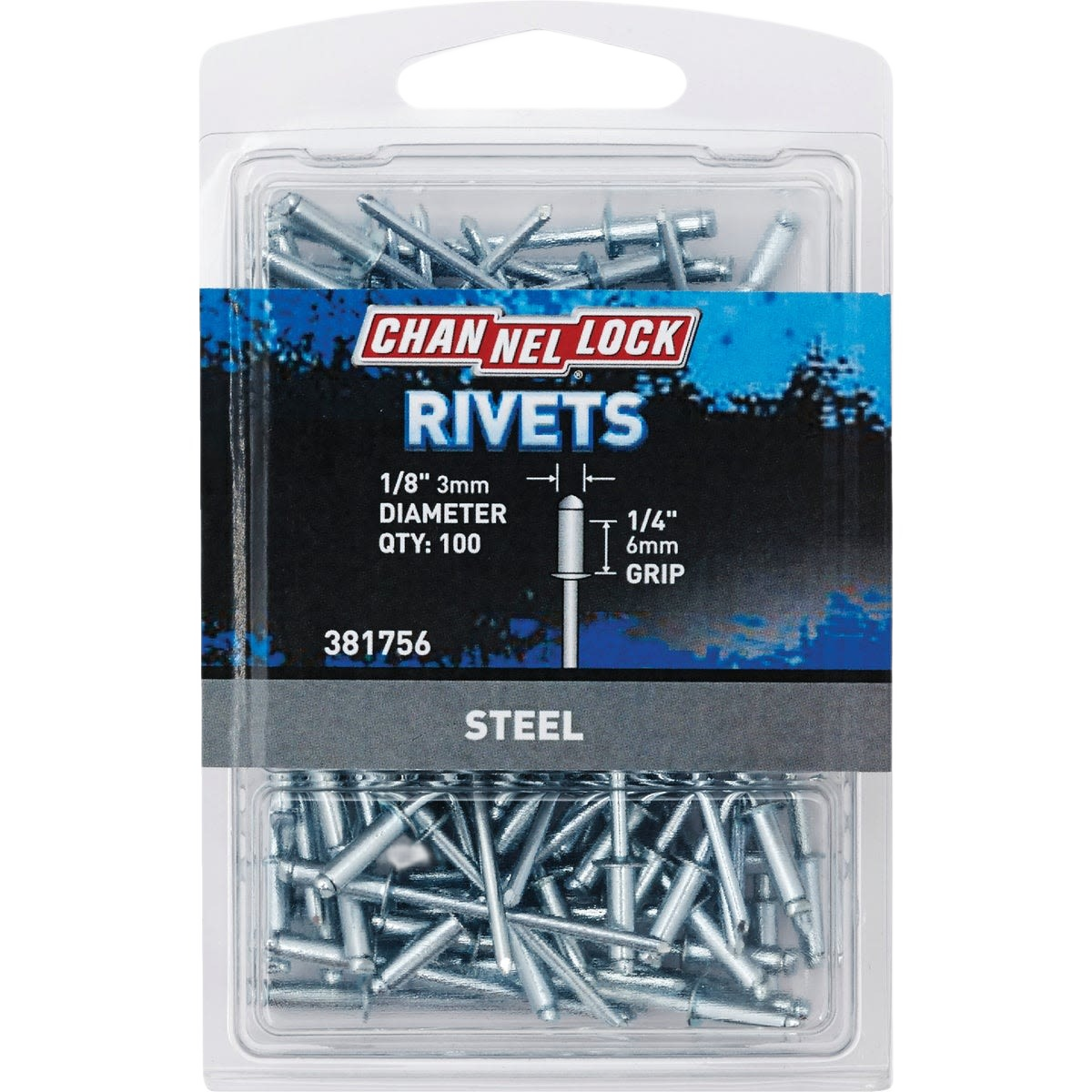 Plastic package of steel pop rivets with blue and black label showing size and quantity for home improvement use