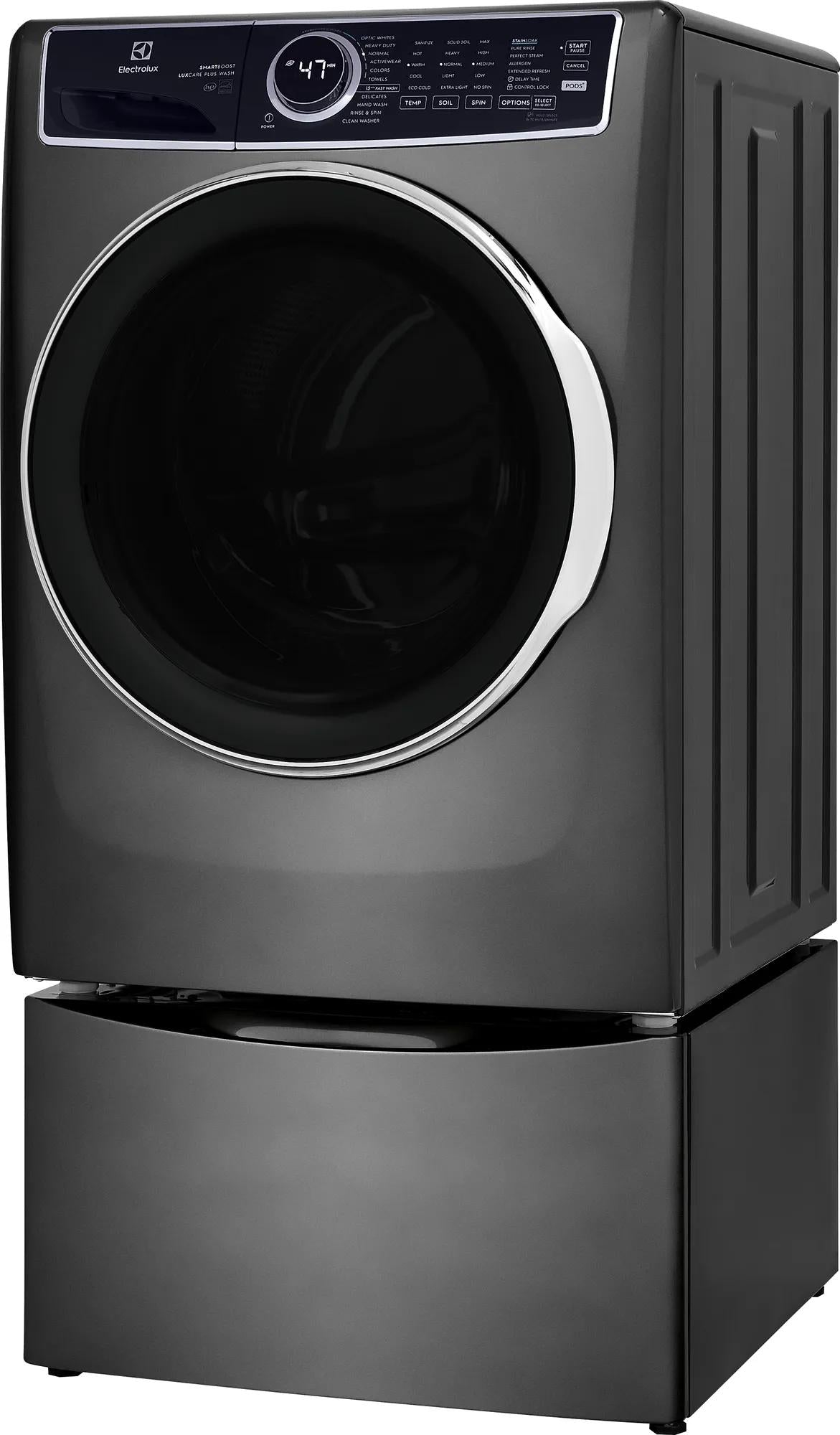 Dark gray front load washer with chrome-trimmed door and digital control panel from front load washers collection