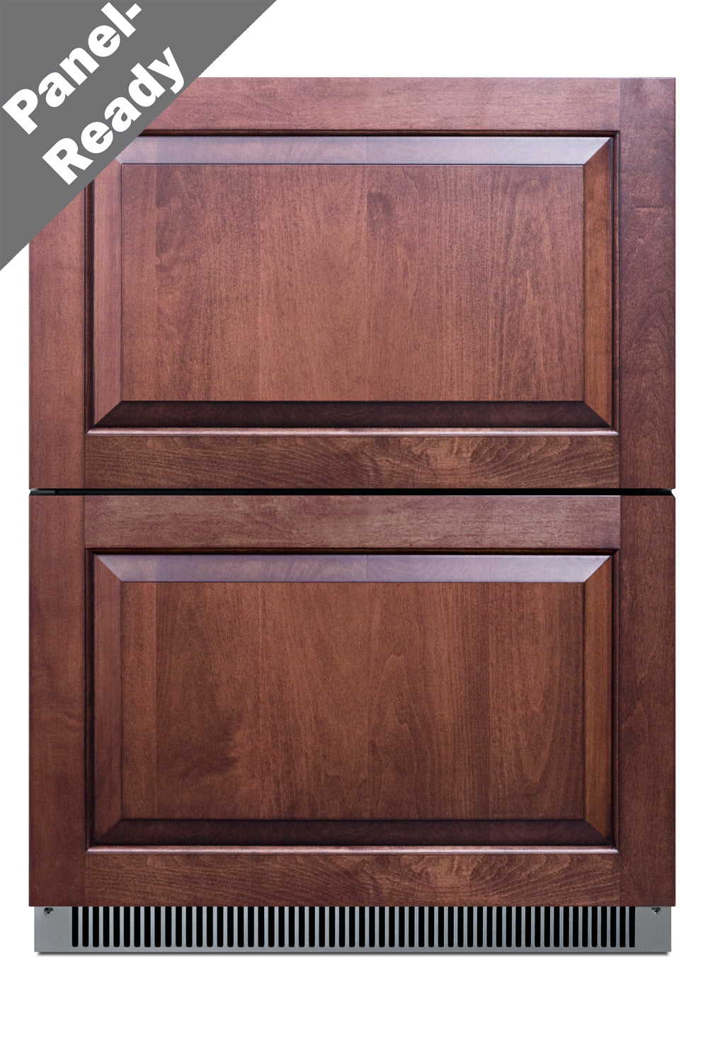 Two-drawer freezer with wood panel fronts and vent grille, designed for seamless integration in kitchen cabinets and appliances collections
