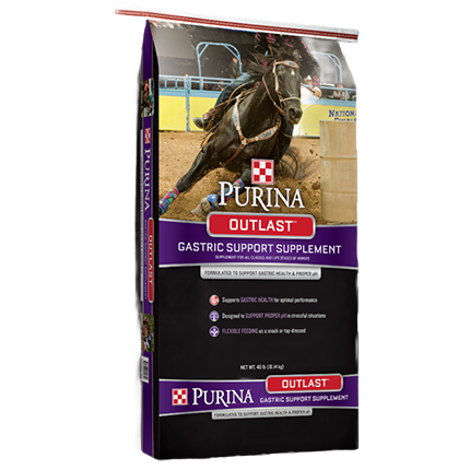 Bag of Purina Outlast gastric support supplement for horses with barrel racing image on packaging