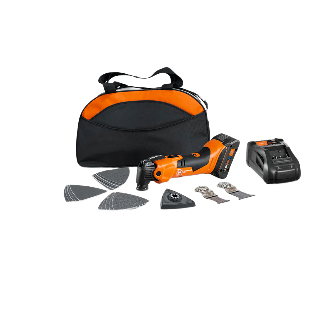 Orange and black oscillating multitool kit with accessories, charger, and carrying bag for tools and home improvement use