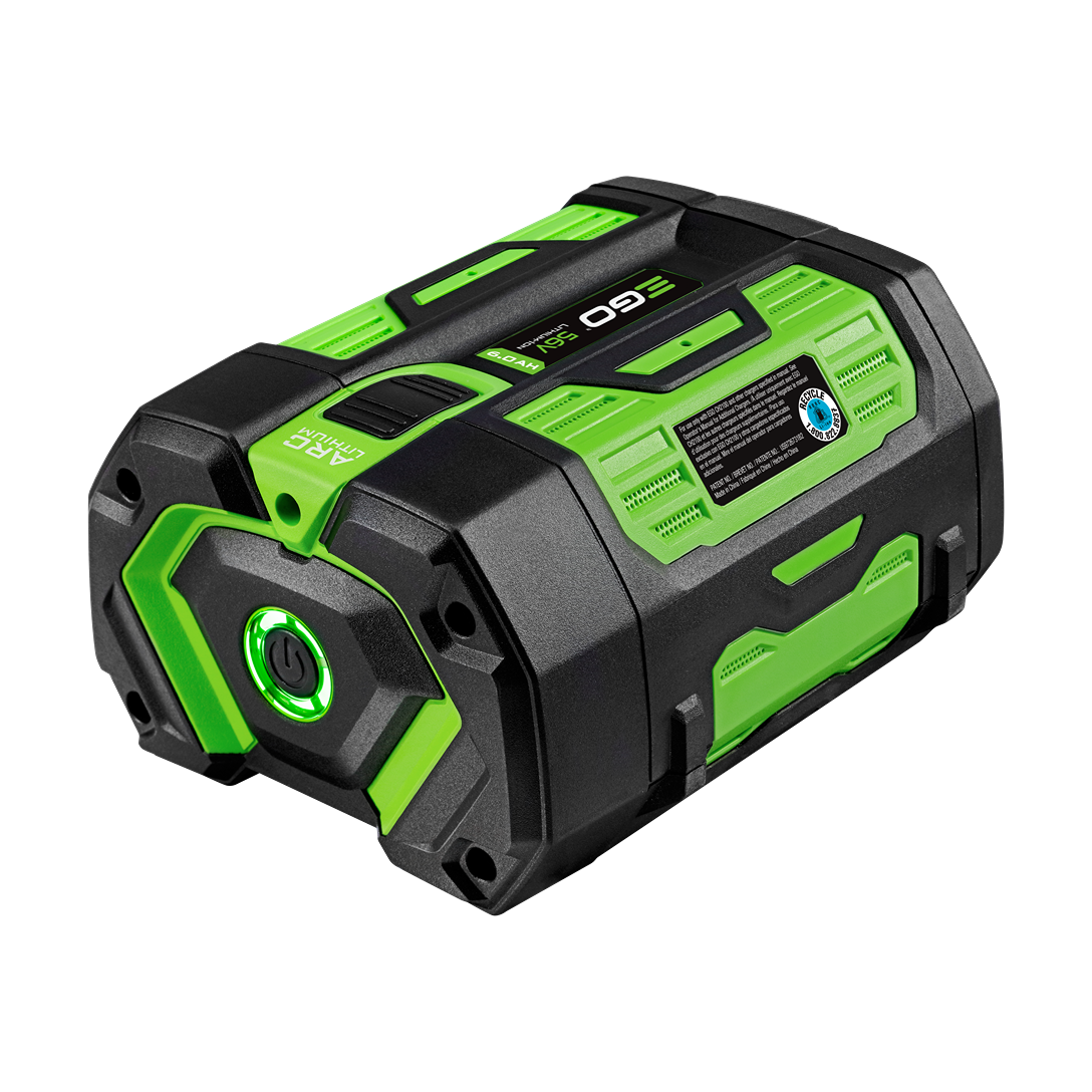 Compact green and black 6.0 amp hour battery pack with power button for cordless tools and home improvement equipment