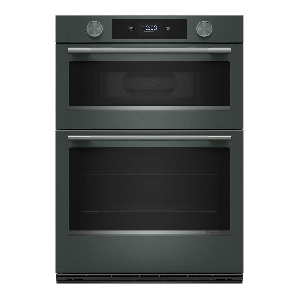 Matte black 30-inch smart electric combo wall oven with LED touchscreen and backlit knobs from KitchenAid appliances collection