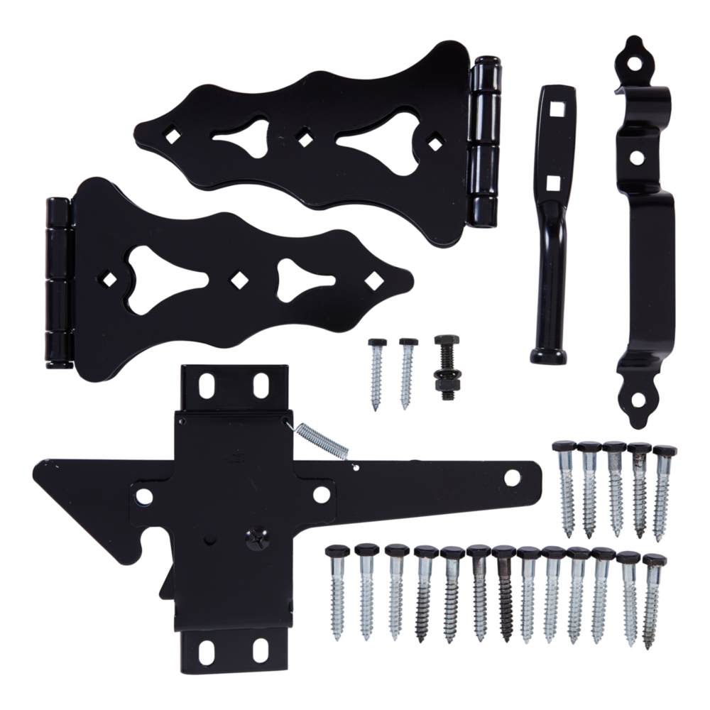 Complete black ornamental gate kit including decorative hinges, latch, pull, and mounting screws for home improvement hardware.