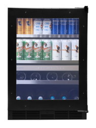 Built-in 24-inch under counter beverage center with glass door displaying assorted cans and bottled drinks in kitchen appliances collection