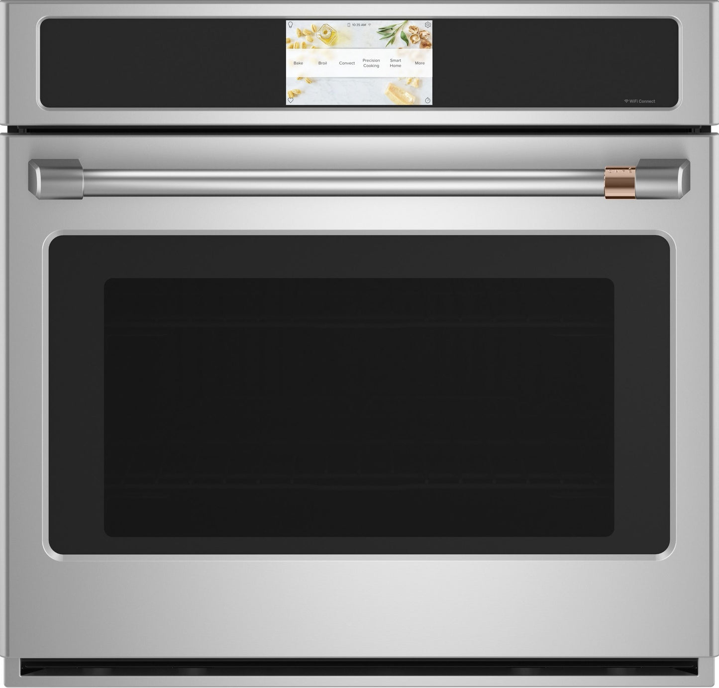 Front view of stainless steel smart built-in wall oven with touchscreen and modern handle for kitchen appliances