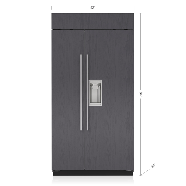 42-inch black side-by-side refrigerator with dispenser, part of Sub-Zero kitchen appliances collection