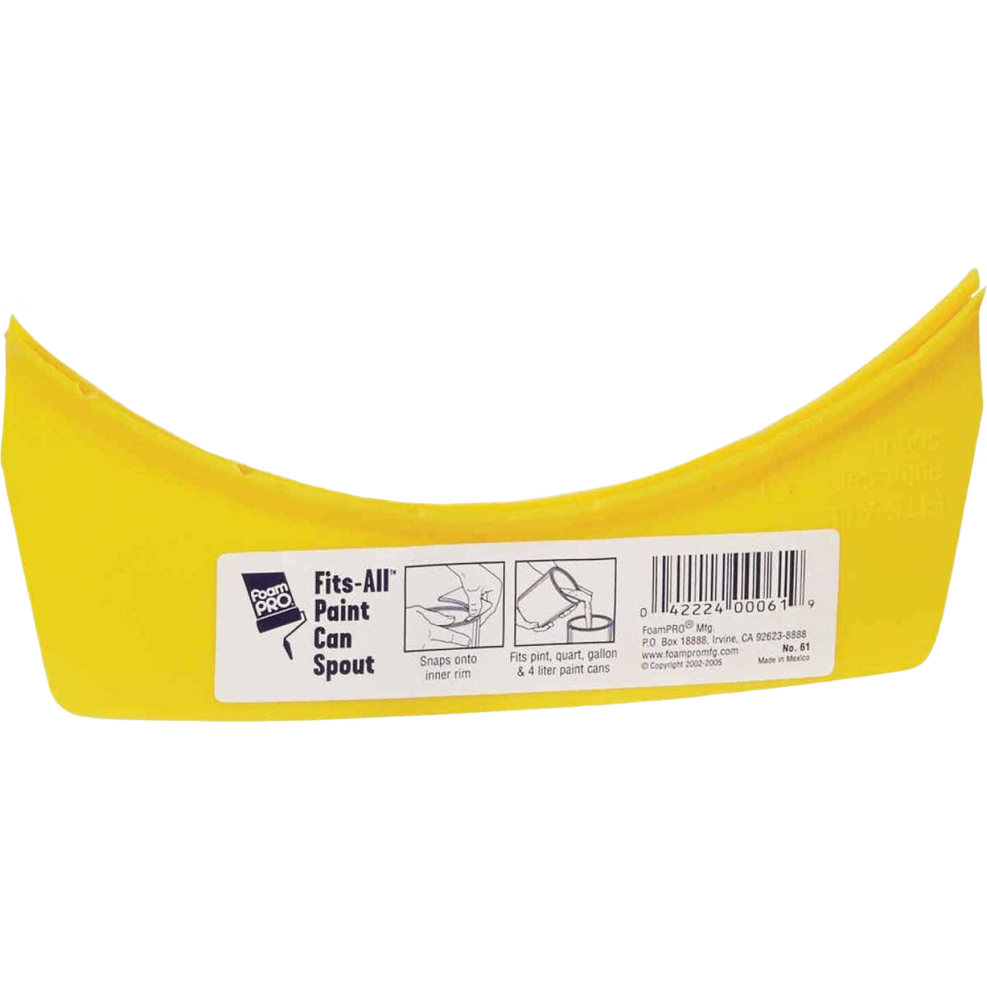 Yellow snap-on paint can pourer designed to fit multiple paint can sizes for tools and home improvement use