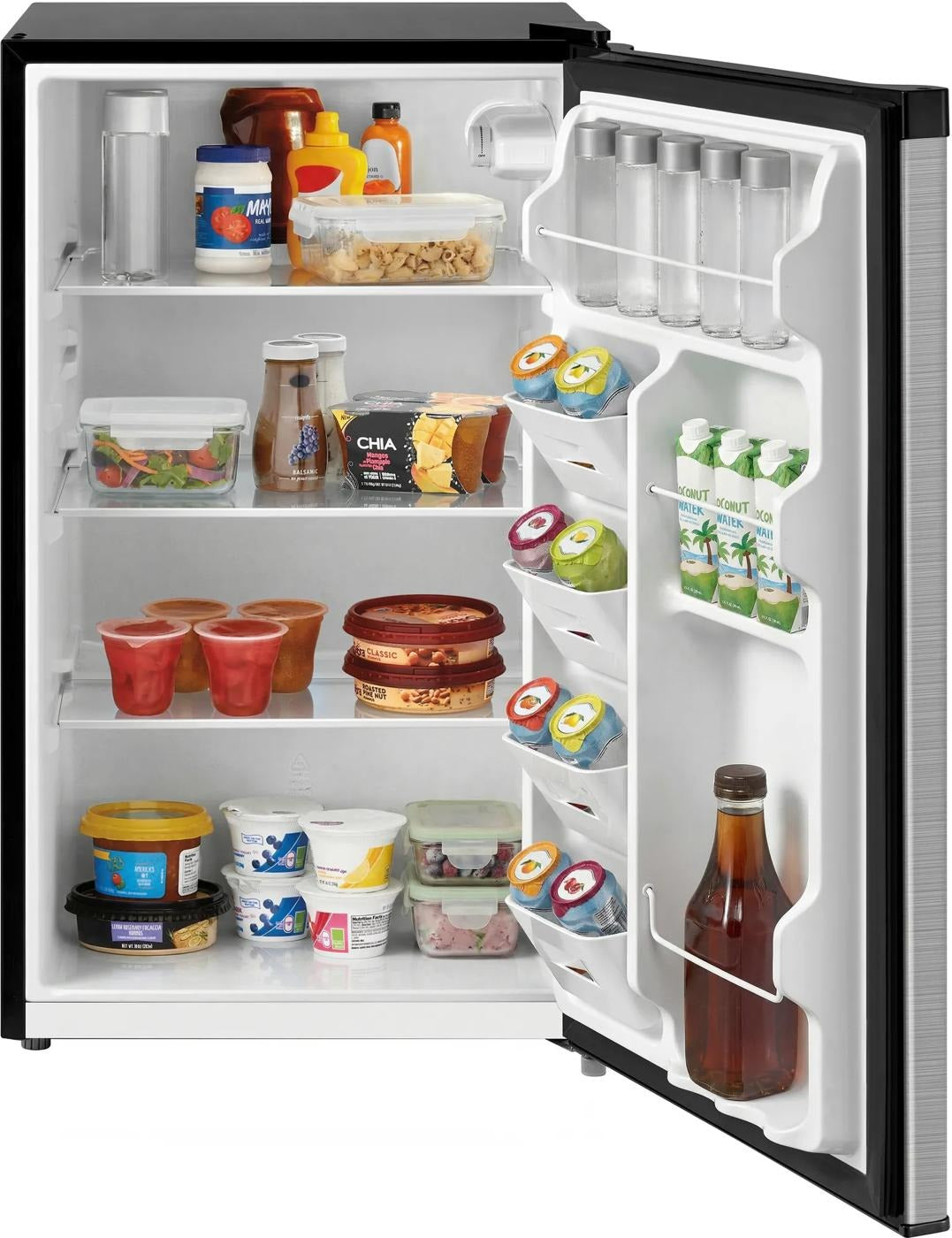 Compact refrigerator with open door showing adjustable glass shelves, clear door bins holding bottles and cartons, ideal for Refrigerators, Mini Refrigerators, Kitchen & Kitchenware, All Products, Appliances collections.