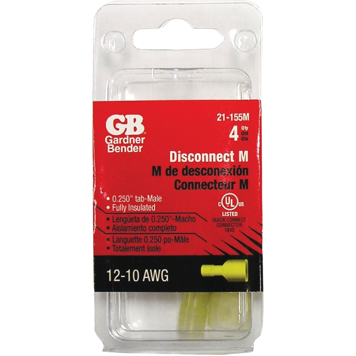 Pack of fully insulated male disconnect electrical connectors for 12-10 AWG wiring in home improvement tools and electrical supplies