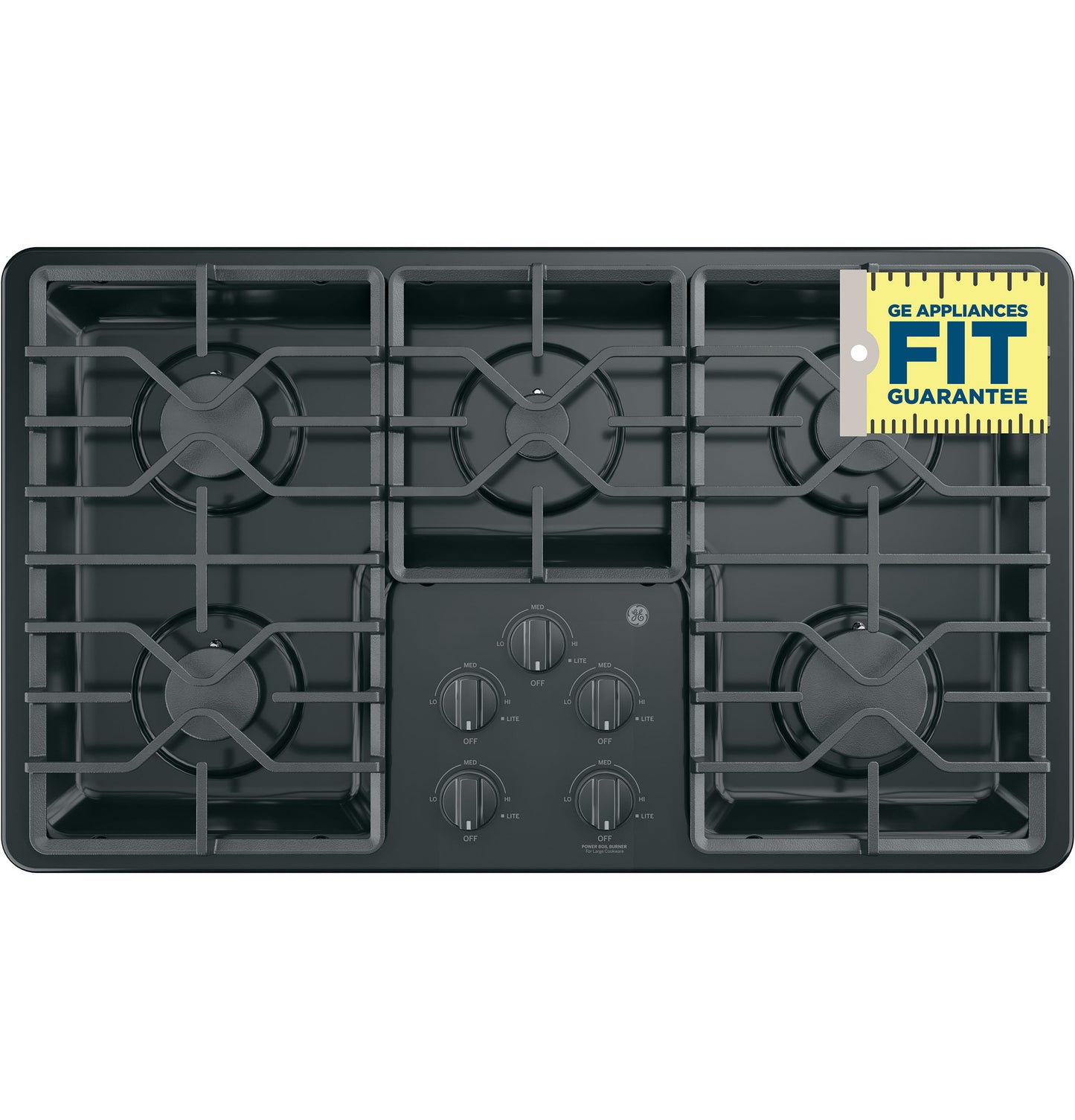 Top view of black built-in gas cooktop with five burners and central control knobs in kitchen appliance setting