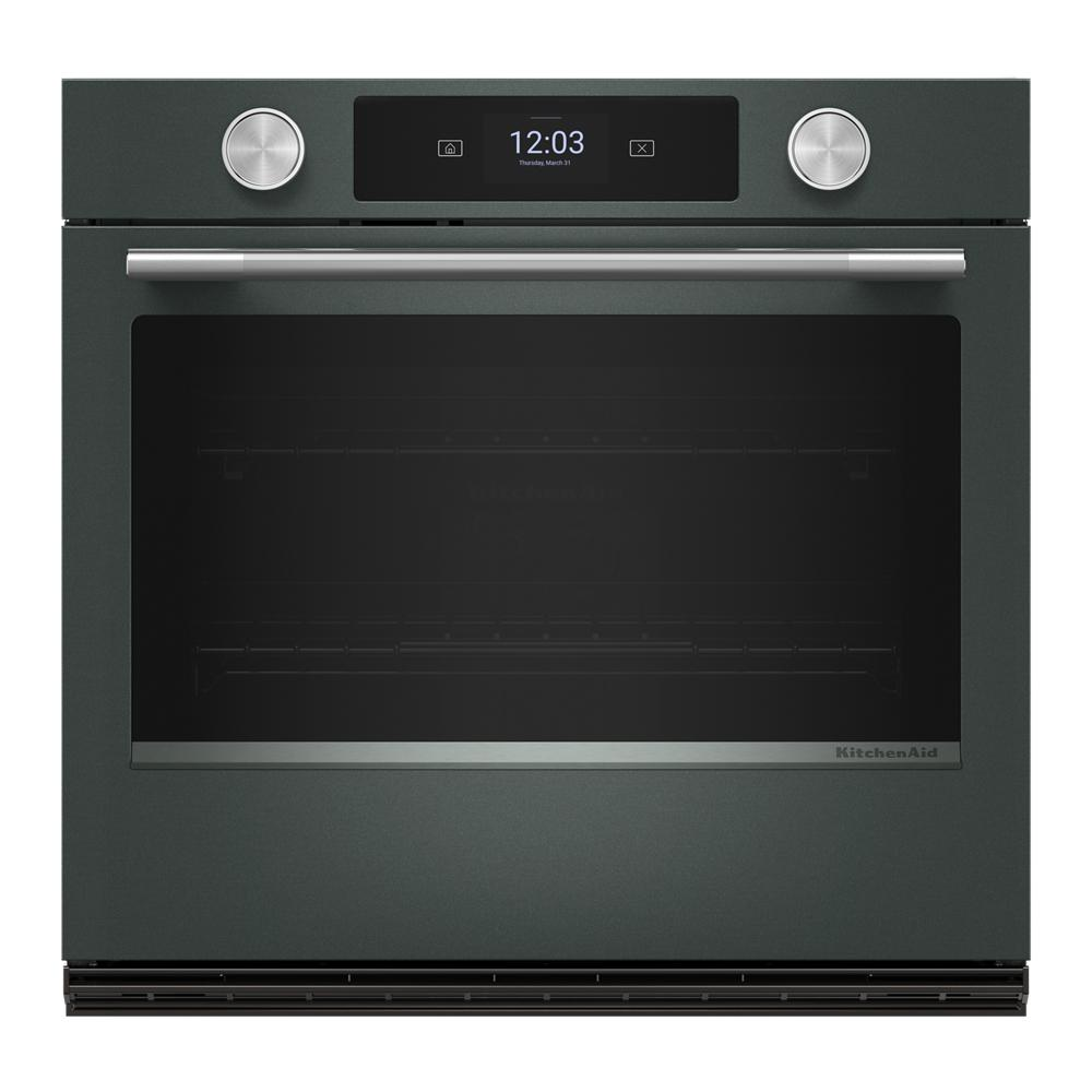 30-inch smart electric single wall oven in juniper finish with LED touchscreen and stainless steel handle in KitchenAid Appliances collection