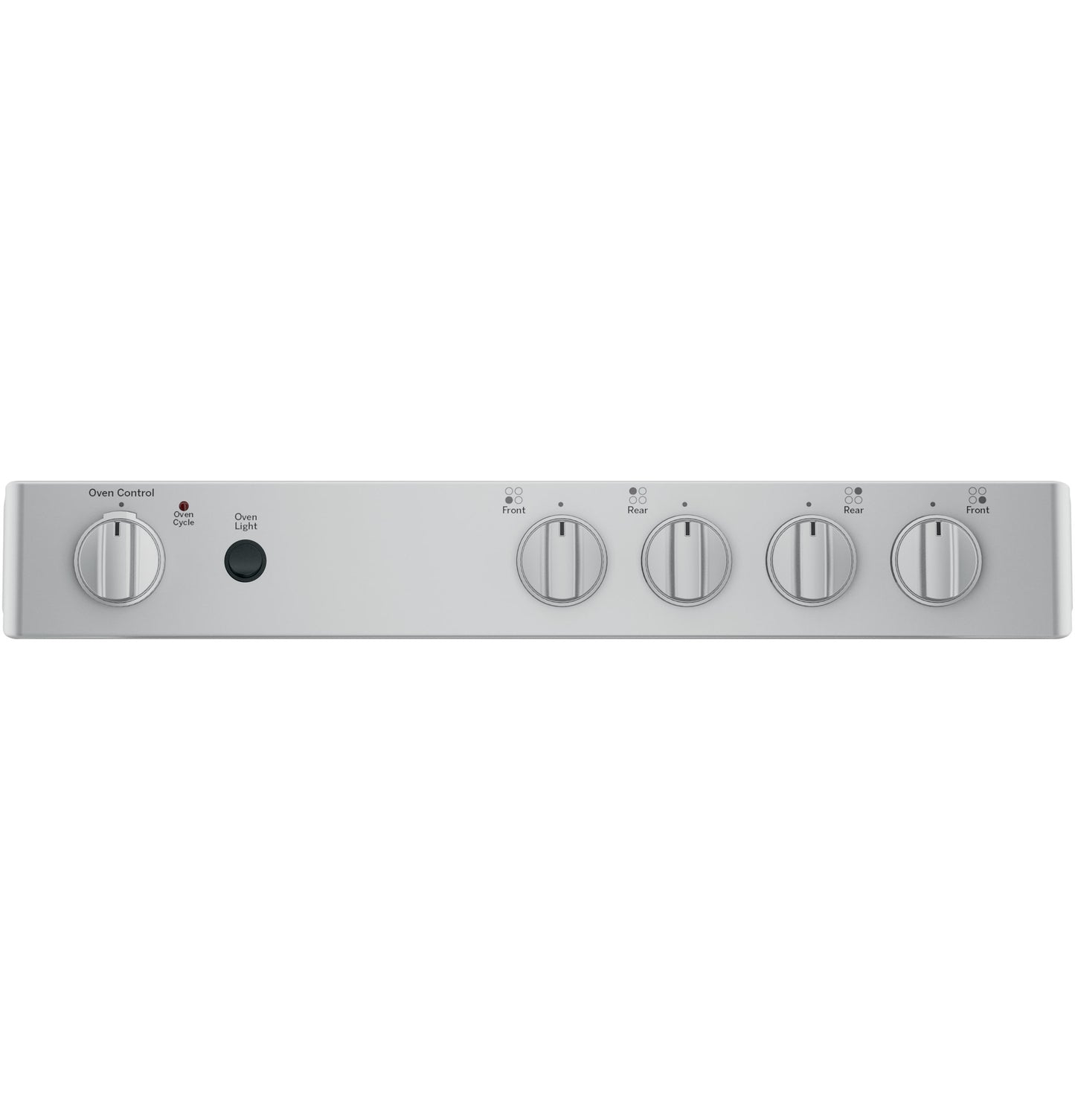 Stainless steel control panel with oven and burner knobs for gas ranges in kitchen appliance collections
