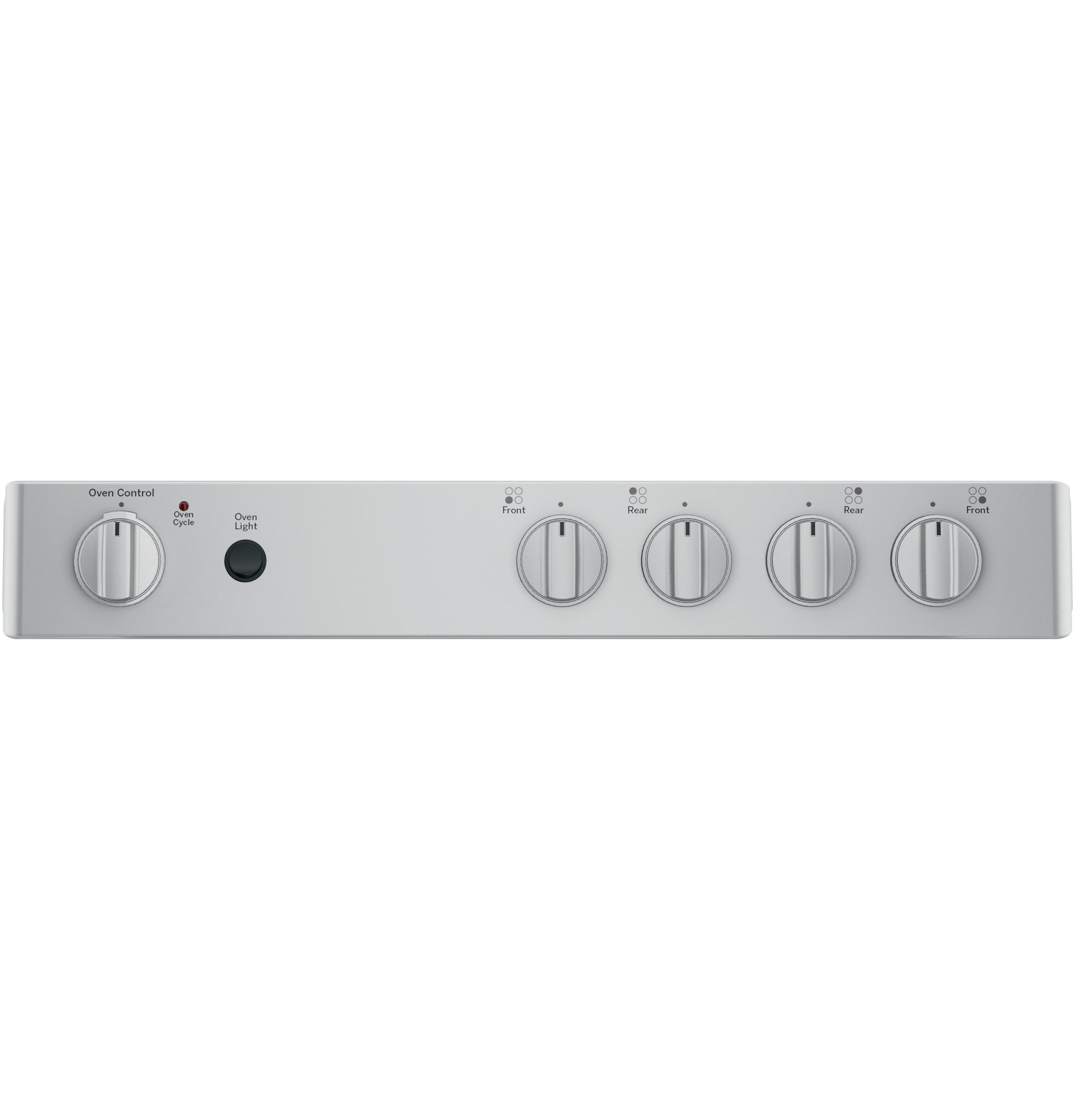 Stainless steel control panel with oven and burner knobs for gas ranges in kitchen appliance collections