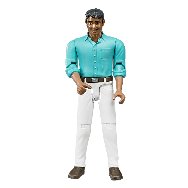 Articulated action figure of a man with medium skin tone wearing teal shirt and white jeans for role play.