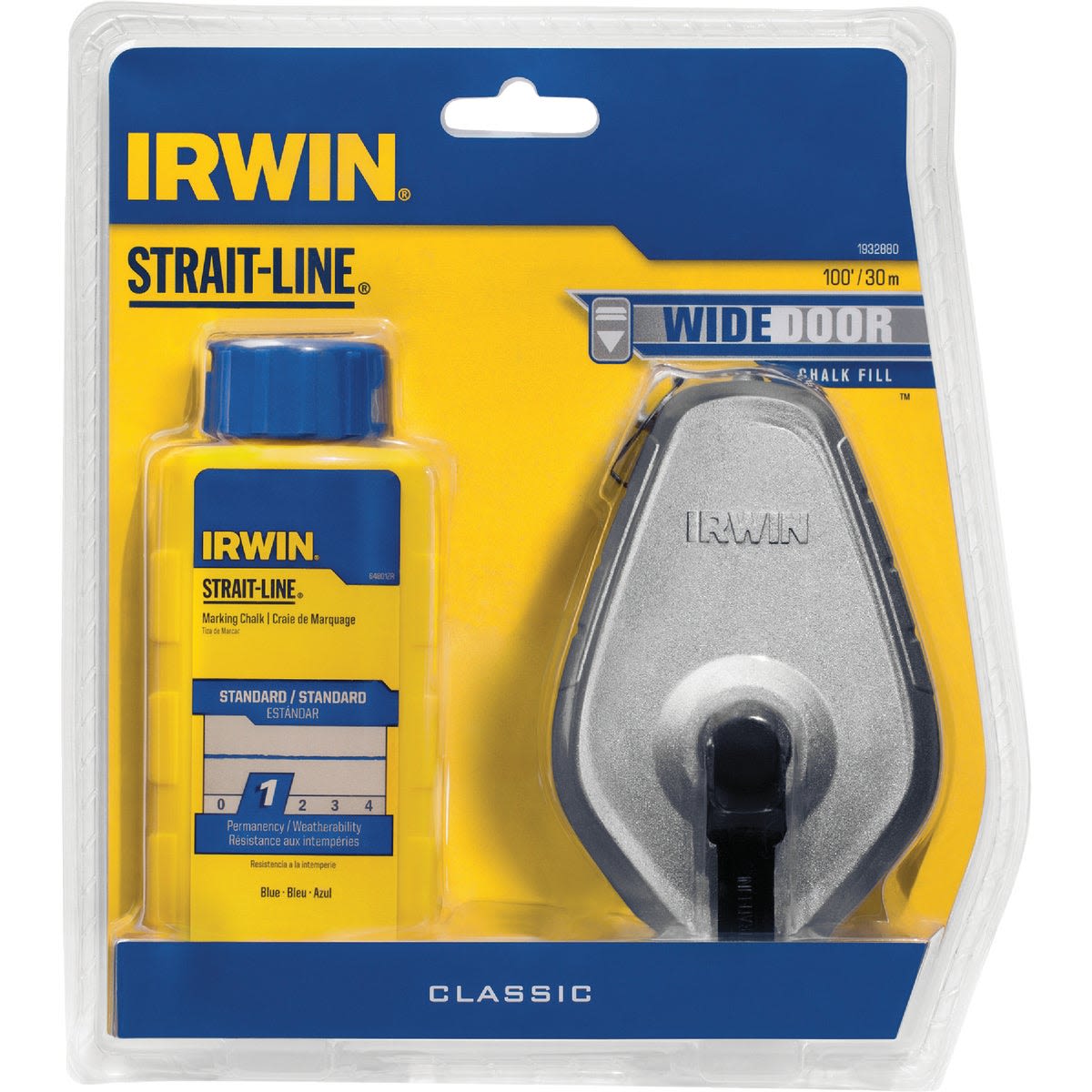 Blue chalk refill bottle and silver chalk reel in sealed retail packaging for tools and home improvement tasks
