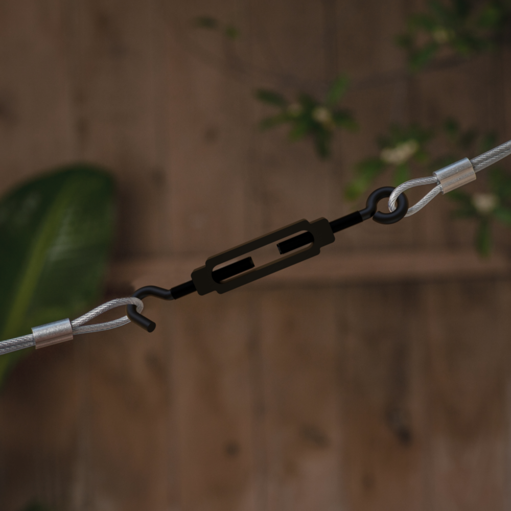 Black hook and eye turnbuckle with Storm Shine finish for adjustable wire tension in storage and garage organization under $50