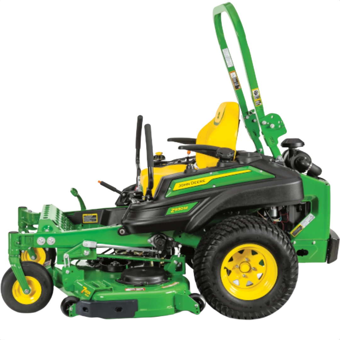 Green and yellow zero turn lawn mower with 60-inch deck and rear discharge for commercial turf maintenance tasks