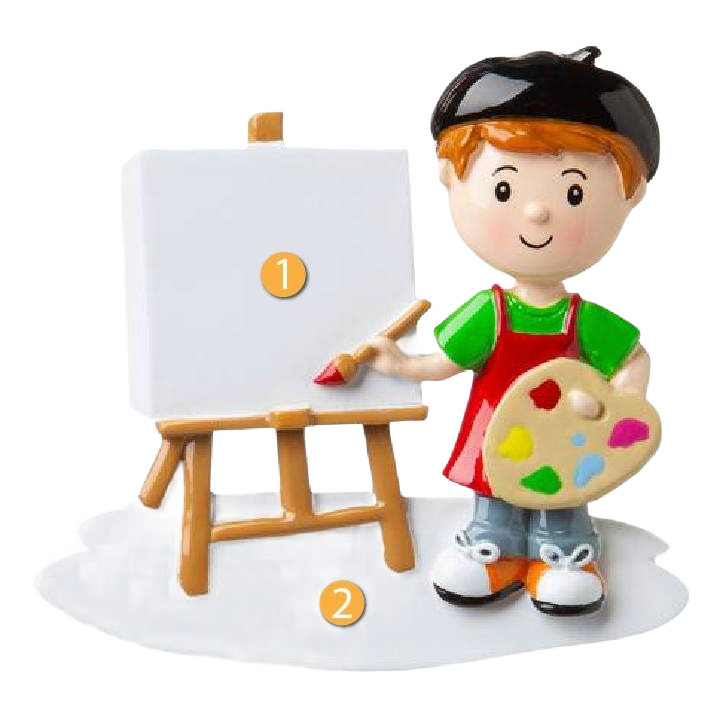 Boy artist ornament holding a paintbrush and palette next to blank easel for Christmas decorations under $50 collection