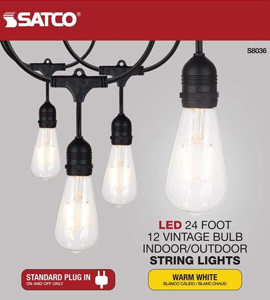 24-foot string lights with 12 warm white LED vintage bulbs for indoor and outdoor lighting and home improvement projects